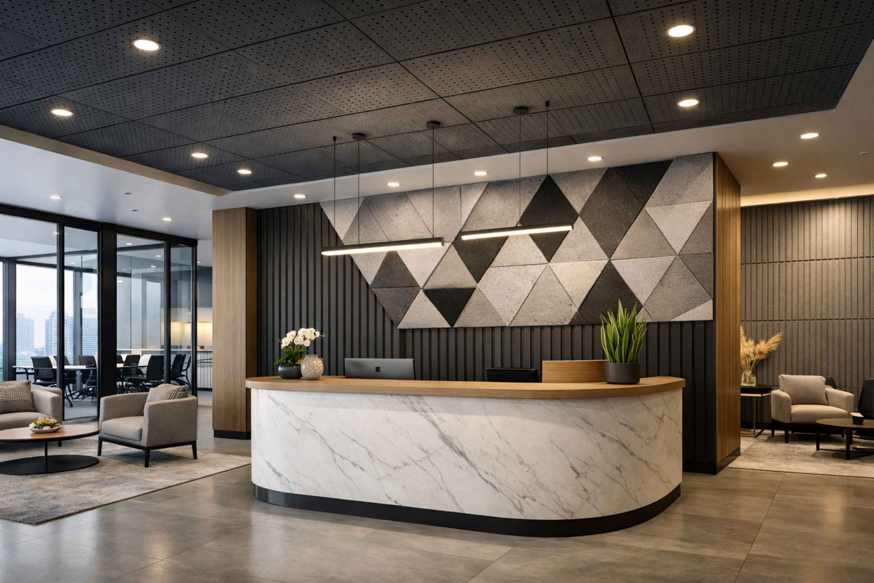 Acoustic treatment for reception and lobby areas